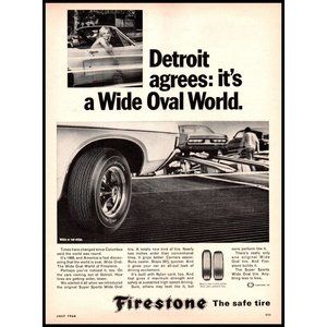 1968 Firestone Tires Wide Oval Tire Vintage Print Ad Detroit Mustang Convertible
